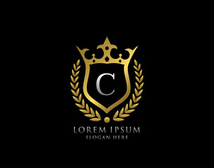 Luxury Monogram C Letter Logo. Classic Gold King Crown badge design for Royalty, Letter Stamp, Boutique,  Hotel, Heraldic, Jewelry, Wedding.