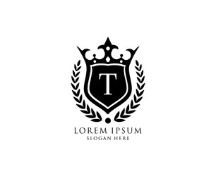 Luxury Monogram T Letter Logo. Vintage King Crown badge design for Royalty, Letter Stamp, Boutique,  Hotel, Heraldic, Jewelry, Wedding.