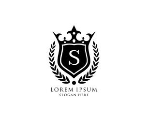 Luxury Monogram S Letter Logo. Vintage King Crown badge design for Royalty, Letter Stamp, Boutique,  Hotel, Heraldic, Jewelry, Wedding.