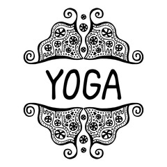 Yoga is a spiritual and physical practice, a philosophy of a healthy lifestyle. Suitable for packaging, web design, advertising products, labels. Hand-drawn black and white linear pattern. Vector
