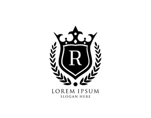 Luxury Monogram R Letter Logo. Vintage King Crown badge design for Royalty, Letter Stamp, Boutique,  Hotel, Heraldic, Jewelry, Wedding.