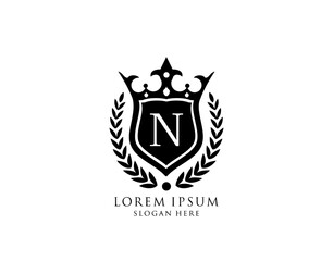 Luxury Monogram N Letter Logo. Vintage King Crown badge design for Royalty, Letter Stamp, Boutique,  Hotel, Heraldic, Jewelry, Wedding.