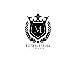 Luxury Monogram M Letter Logo. Vintage King Crown badge design for Royalty, Letter Stamp, Boutique,  Hotel, Heraldic, Jewelry, Wedding.