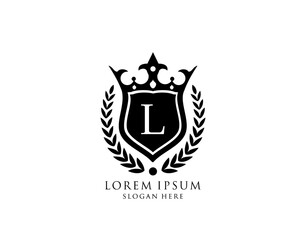 Luxury Monogram L Letter Logo. Vintage King Crown badge design for Royalty, Letter Stamp, Boutique,  Hotel, Heraldic, Jewelry, Wedding.