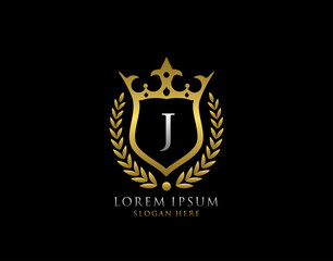 Luxury Monogram J Letter Logo. Classic Gold King Crown badge design for Royalty, Letter Stamp, Boutique,  Hotel, Heraldic, Jewelry, Wedding.