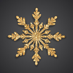 Snowflake with gold glitter texture and shadow on black background. Christmas and New Year holiday decor. Vector illustration.