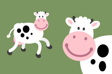 Cow smiley face farm cartoon illustration. This simple happy smiling farm animal is made of circles, ellipses, and egg shapes. Full vector artwork