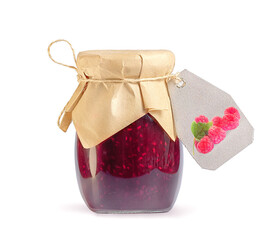 Fototapeta na wymiar glass jar with raspberry jam on white background