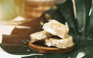 handmade soap made from squeezing soap slivers and brush, the concept of spa and self-care at home