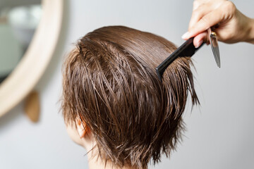 hairdresser combing client's wet hair. short brown hair