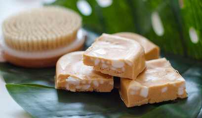 handmade soap made from squeezing soap slivers and brush, the concept of spa and self-care at home