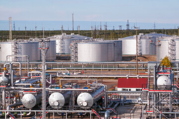 Clody day. Oil and gas industry, oil refining and processing, oil pumping station for further transportation of oil through pipes and maintaining the appropriate pressure in the pipes.
