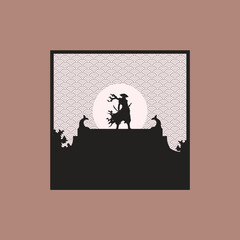 SILHOUETTE SAMURAI WITH JAPANESE WAVE PATTERN CLIP ART