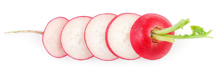 Radish sliced into rings on a white background, isolated. The view from top