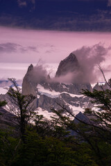 Vertical Rocky snowy mountain peaks with amazing view. Fitz Roy in Argentina