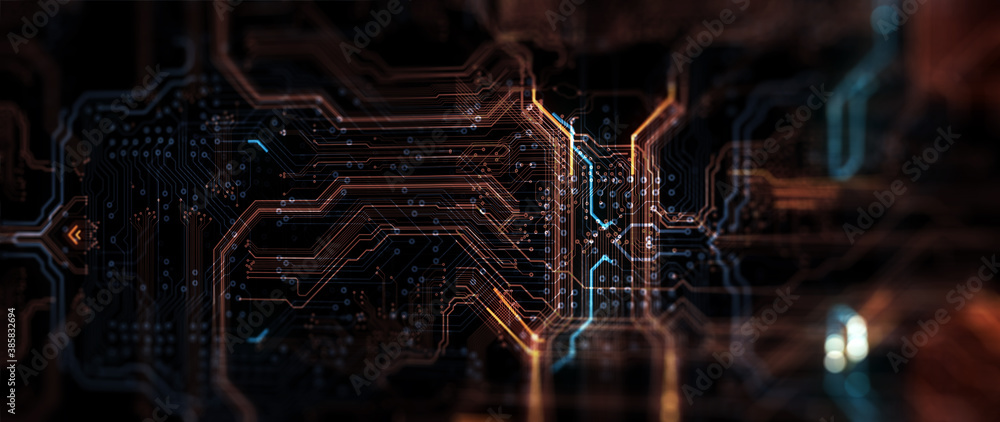Poster Futuristic server/Html code processing in circuit board abstract server. Data moves in the form of moving lines. The movement and processing of data inside a server or computer.  3d rendering