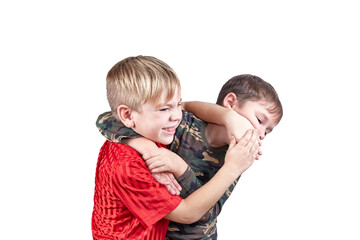 Over white isolated background two athlete boys perform grappling release