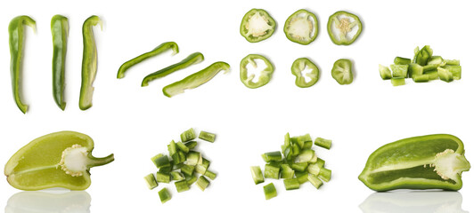 Sliced ​​green bell pepper isolated on a white background. Set of different photos in one lot.