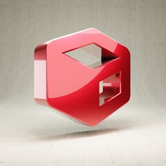 Cube icon. Red glossy metallic Cube symbol isolated on white concrete background.