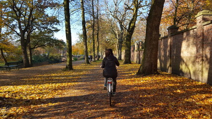 Fototapeta premium A woman riding a bike in the street