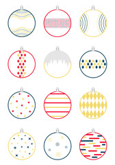 The concept of Christmas decorations, New Year's holiday. Vector illustration, set of minimalistic linear icons of multicolored Christmas tree decorations on a white background.