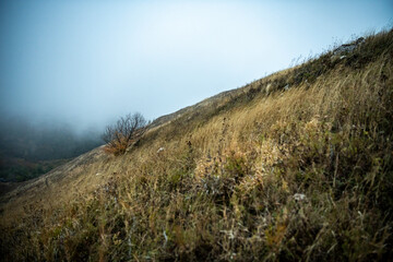 mountains at sunset in fog and gray clouds