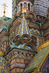 Fototapeta na wymiar Cathedral of Our Savior on Spilled Blood. Closeup of domes and architecture facade details in St. Petersburg, Russia