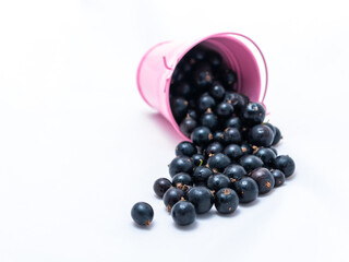 A pink bucket on a white background from which black currants are poured