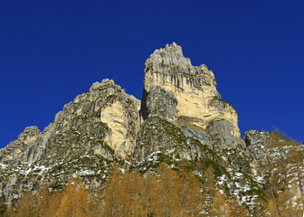 Mountain panorama the Massif Monte Talvena. Dolomite mountains - UNESCO World Heritage Site