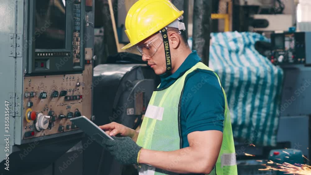 Poster smart factory worker using machine in factory workshop . industry and engineering concept.