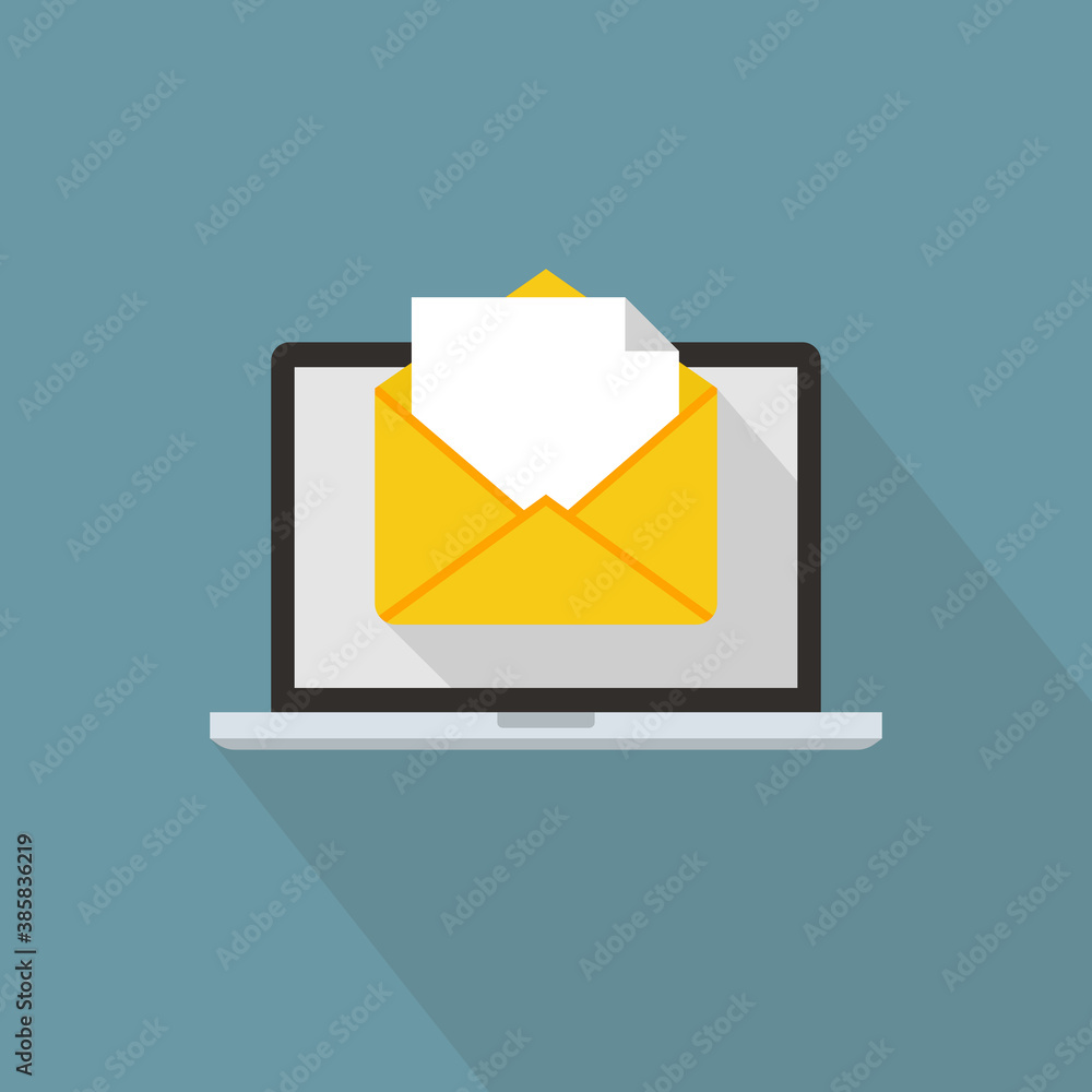 Poster email message on laptop. envelope and document on computer screen. e-mail concept. flat design sign 