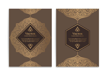 Brown and gold luxury invitation card design with vector mandala. Vintage ornament template. Can be used for background and wallpaper. Elegant and classic vector elements great for decoration.