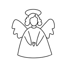 Angel holding heart in his hands. Line art angel figurine, on a white background. Copy space. Vector icon. For cards, posters, coloring book,for scientific journals book illustrations. Baby birthday