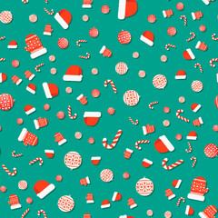 Christmas red pattern on a green background. Hat mitten lollipop ball illustration. New year holiday template suitable for posters, cards, fabrics or wrapping paper