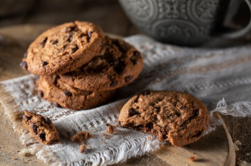 
Chocolate chip cookies on wooden table