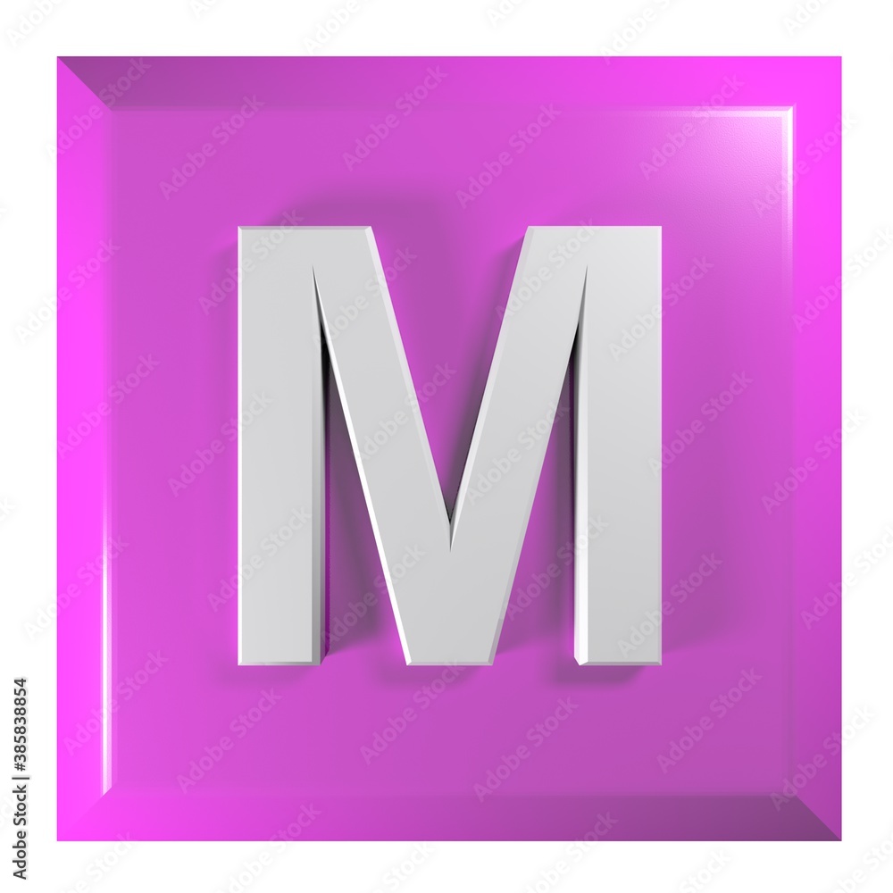 Fototapete pink square push button with the alphabetic letter m - 3d rendering illustration
