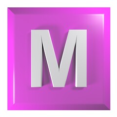 Pink square push button with the alphabetic letter M - 3D rendering illustration