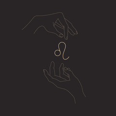 Leo zodiac glyph and magic hands. Vintage astrological symbols isolated on black. Gesture and zodiac sign. Vector illustration in outline style. Design element for logotype, icon, tattoo, clipart.