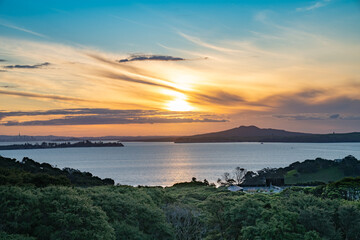 Fototapeta premium Sunset view from Waiheke Island to Rangitoto Island