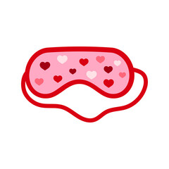 Sleep mask with pink hearts. Woman travel and beauty pink color eye protection wear accessory - relaxation blindfold isolated on white background. Eye cover flat design cartoon vector illustration.