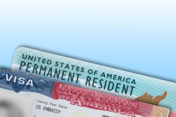 Obraz premium VISA United States of America. Green Card US Permanent resident card. Work and Travel VISA. Immigration to the USA. Immigration visa. Embassy US or USA. Vacation in the USA. Visa in passport.