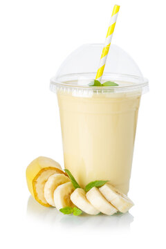 Banana fruit juice smoothie fresh drink milkshake milk shake in a cup isolated on white