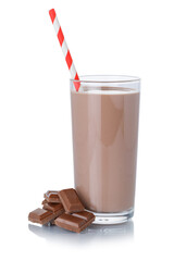 Chocolate milk shake milkshake in a glass straw isolated on white