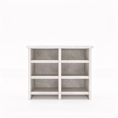 Empty white wooden bookcase shelves isolated on white background. 3d render