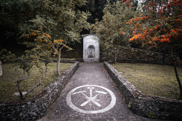 Marble fountain plaza with Montevecchio Minerary Sigil in Sardinia