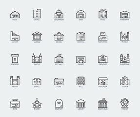 Government and City Buildings Vector Icon Set in Thin Line Style