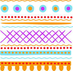 Pattern for dymkovskaya toy number nine: orange, maroon, white, yellow, purple circles and black dots. The whole ornament simulates brush strokes, hence the uneven texture. 