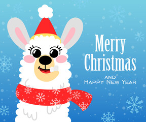 Vector llama in Christmas red hat. Alpaca greeting card in hand drawn style. Concept for invitation, poster, print, banner. Merry Christmas and happy new year.