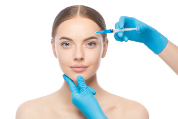 Young woman ready for filler injection into forehead, isolated on white background
