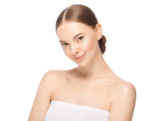 Young woman with brown eyes standing with naked shoulders, concept of female skin care and beauty, isolated on white